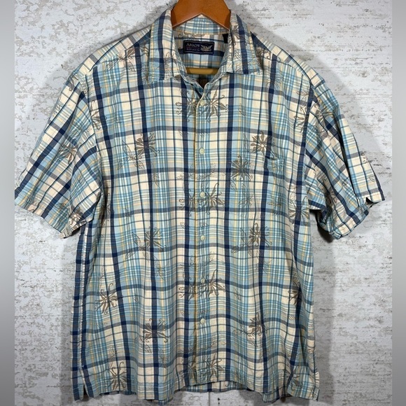 ARROW Men's Short Sleeve Button Up Green Plaid Shirt w/ Leaf Imprints Size Large - Picture 1 of 10